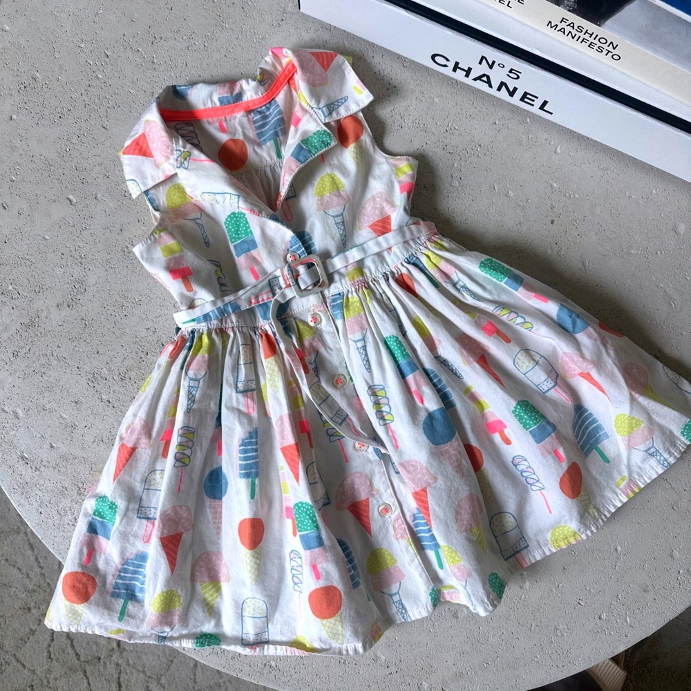 Marks & Spencer Kids Ivory Ice Cream Print Cotton Belted Shirt Dress 1-1.5 Year